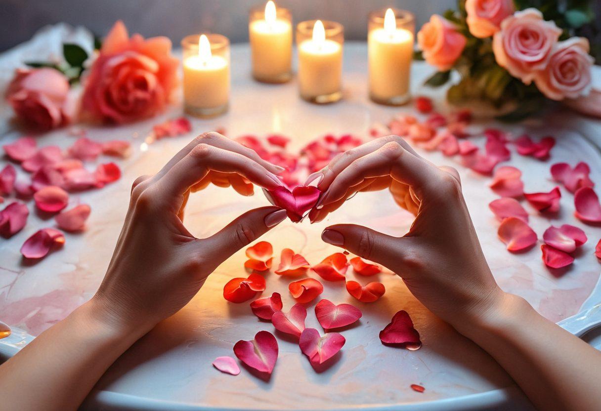 A cozy candlelit setting with two intertwined hands forming a heart shape, surrounded by soft rose petals and gentle light. In the background, a romantic dinner table is elegantly set with wine glasses and flickering candles, evoking a warm and intimate atmosphere. The color palette should be soft pastels, emphasizing feelings of love and affection. watercolor painting. vibrant colors.