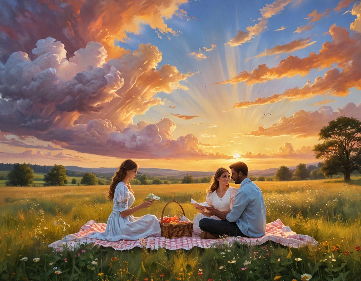 A serene scene of a couple enjoying a picnic in a blooming meadow, surrounded by heart-shaped clouds and soft pastel-colored flowers. The couple exchanges heartfelt gifts such as handwritten notes and homemade treats, with joyful expressions. A gentle breeze sweeps through, carrying heart-shaped leaves. The sun sets in the background, casting a warm golden glow over the entire scene. painting. vibrant colors.