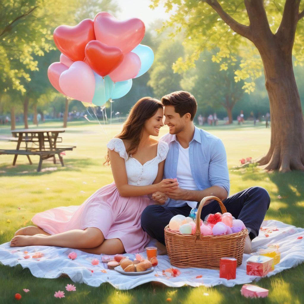A cozy scene depicting a couple enjoying a picnic in a sunlit park, surrounded by heart-shaped balloons and small gifts. Incorporate elements like handwritten love notes scattered around and a charming picnic basket filled with treats. The couple is smiling, sharing a sweet moment, with flowers blooming in the background. Soft pastel colors create a warm, inviting atmosphere. painting. vibrant colors.